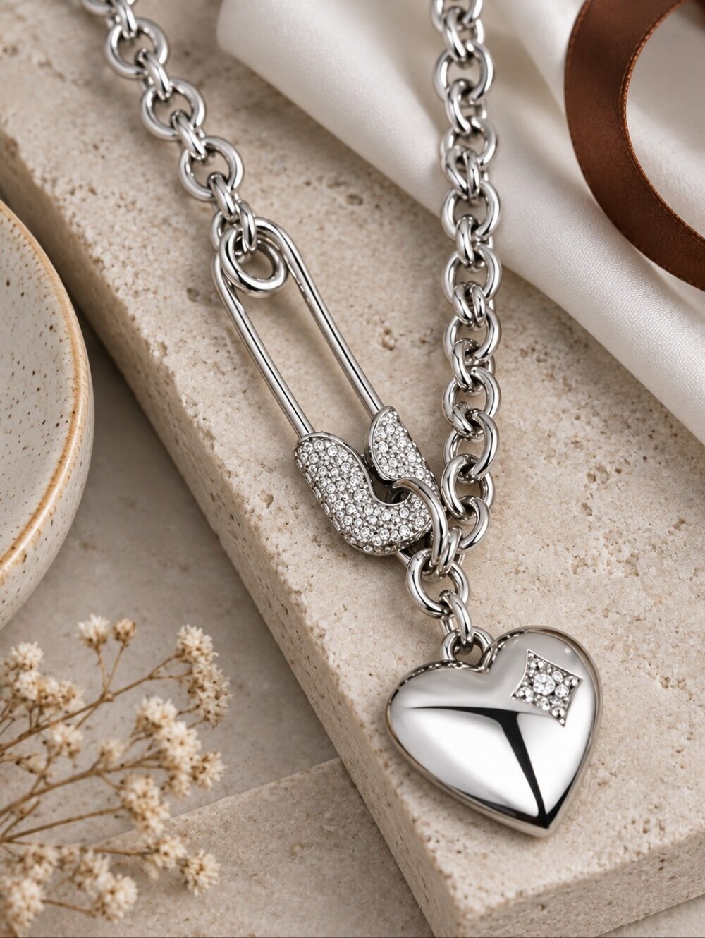925 Sterling Silver Safety Pin and Heart Cubic Zirconia Chunky Necklace 17.5"